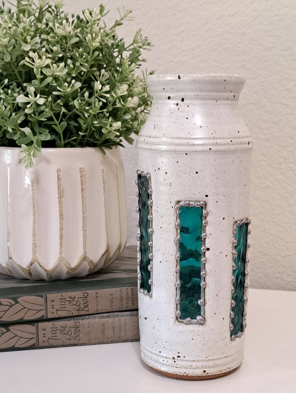 Johansen Stoneware Candle Holder Turquoise Stained Glass